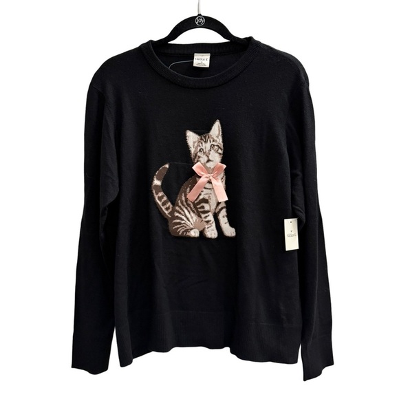 Nikka K Sweaters - NWT NIKKA K Sweater with Cat Graphic Wearing a Pink Bow Black Size 1X